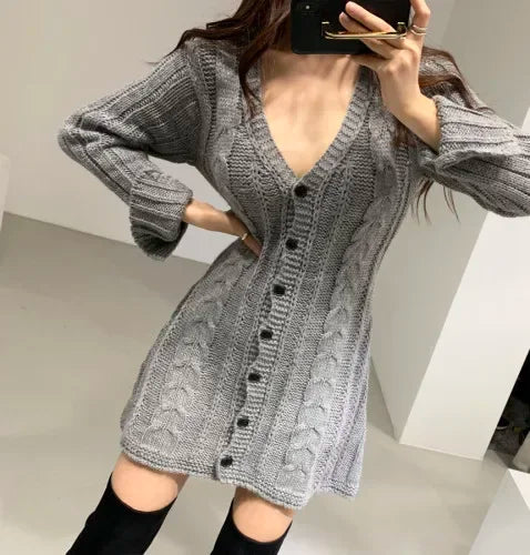 Sweater Dress for Women Long Sleeve Cable Knit Button Down Fitted Mini Dress Teen-girl Fall Winter Retro 90s Outfit