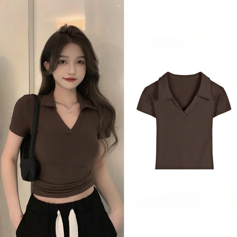 Polo Golf Shirt V-Neck Short Sleeve T-Shirt Women's Summer Harajuku Design Y2K Slim-Fit Base Layer Cropped Top Straight Shoulder