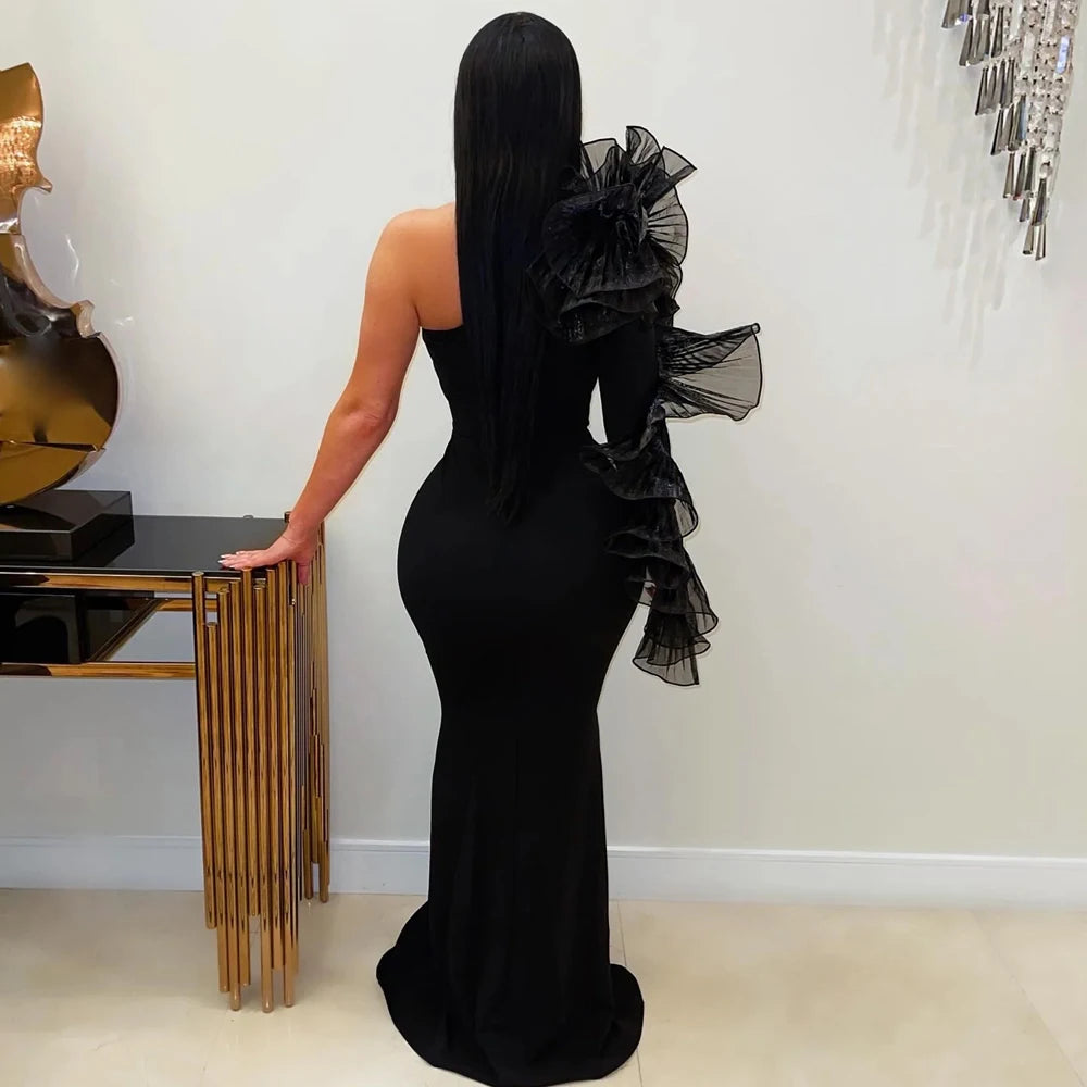 Elegant Women Long Gown Chic 3D Pleated Floral Sleeve Banquet Dress Slash One-Shoulder Asymmetry Slim Evening Dinner Dresses
