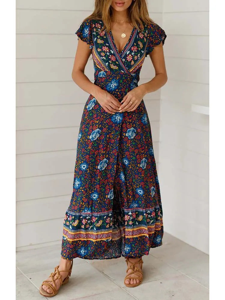 Summer Maxi Dress Women Short Sleeve Casual V Neck Floral Print Boho Beach Long Dress  S~5XL Sexy Split Party Robe