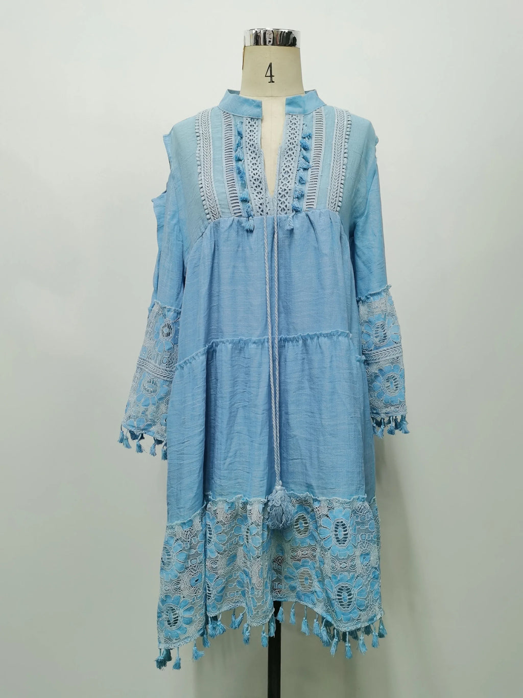 Women Mini Dress V Neck Full Sleeve Short Dress Lace Tassel Bohemian Style Loose Casual Plus Maxi Size Party Night Summer 2024