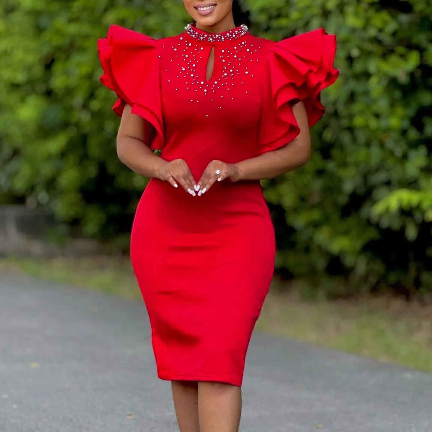 Elegant Bodycon Dresses for Women O Neck Ruffles Sleeve Beaded Solid Sheath Package Hips Mid Calf Luxury Birthday Party Dress