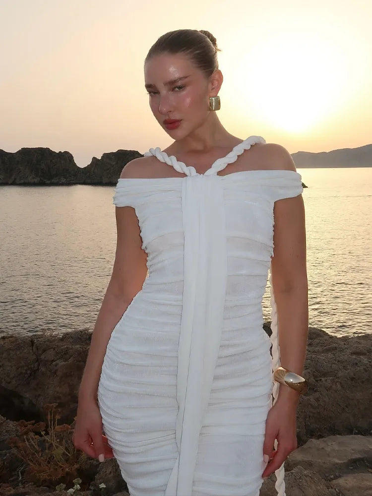 Bodycon Black Dress Elegant Braid Evening Gown for Women Off Shoulder Ruched White Long Dresses Slimming 2025 New Party Vestdio