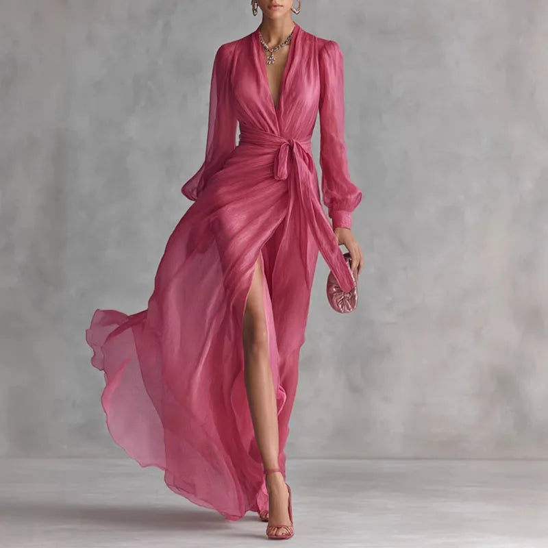 Bohemian Vacation Summer Maxi Dress Woman Sexy Deep V Neck Puff Sleeve Long Dress Spring Solid Lace-up High Slit Evening Dresses