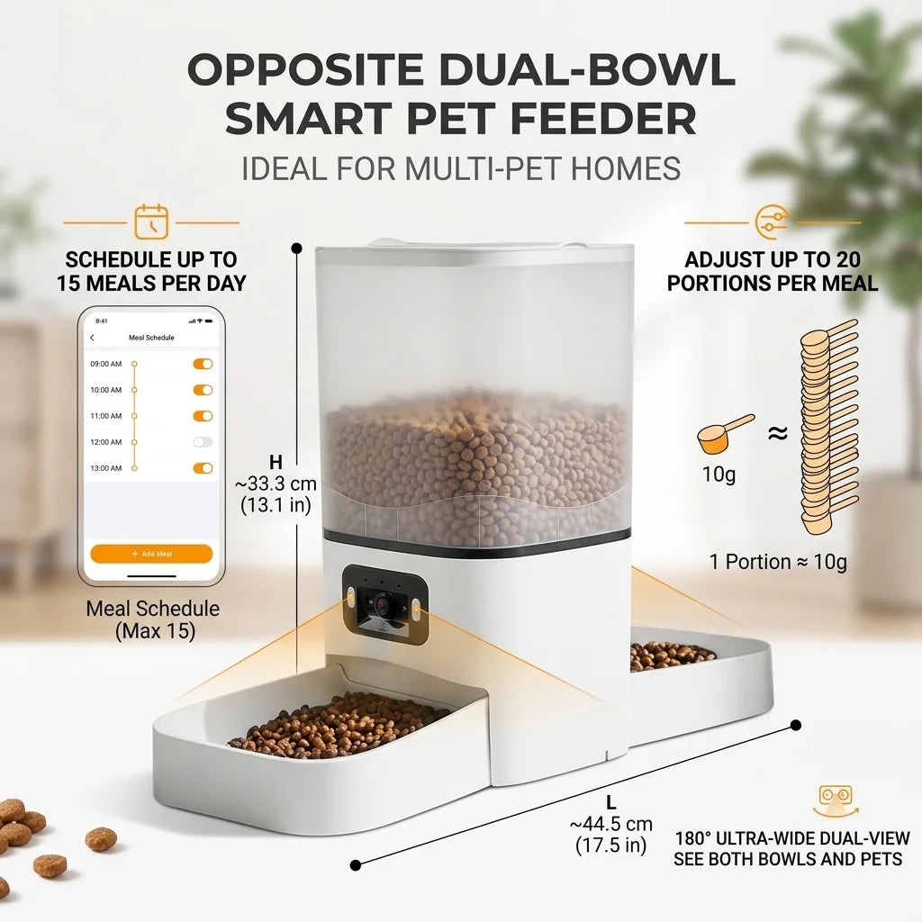 6L Smart Pet Feeder with 180° Dual Camera, WiFi App Control, Dual Bowl Automatic Cat Dog Feeder Schedule Meals & Video Monitor