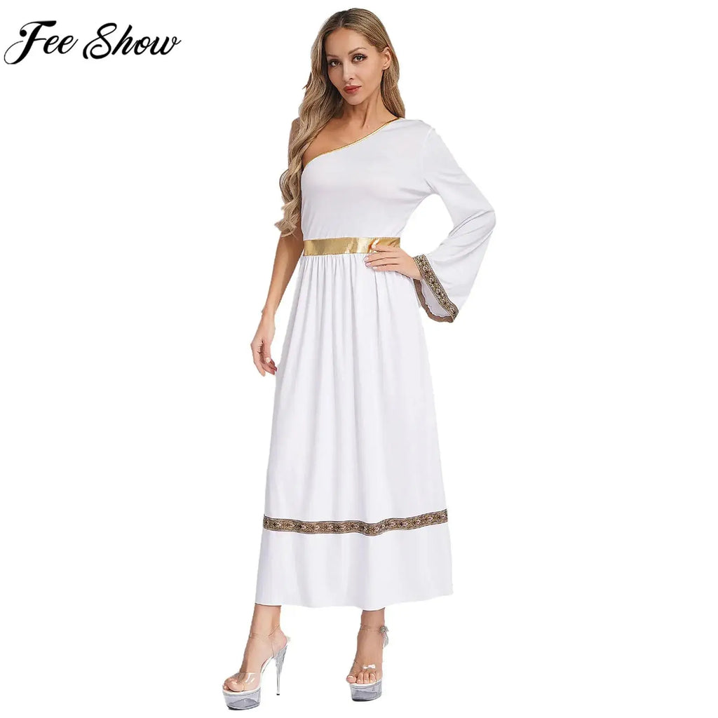 Women One Shoulder Ancient Greek Toga Robe Dress Halloween Party Roman Grecian Goddesses Princess Queen Nobility Cosplay Costume
