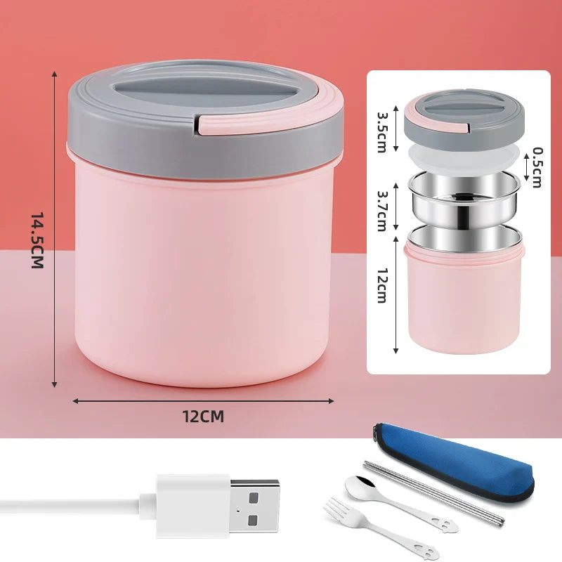 Electric Heated Lunch Box USB 1.2L Thermal Stainless Steel Bento Box 5V 12V 24V Car School Food Warmer Heating Container Heater