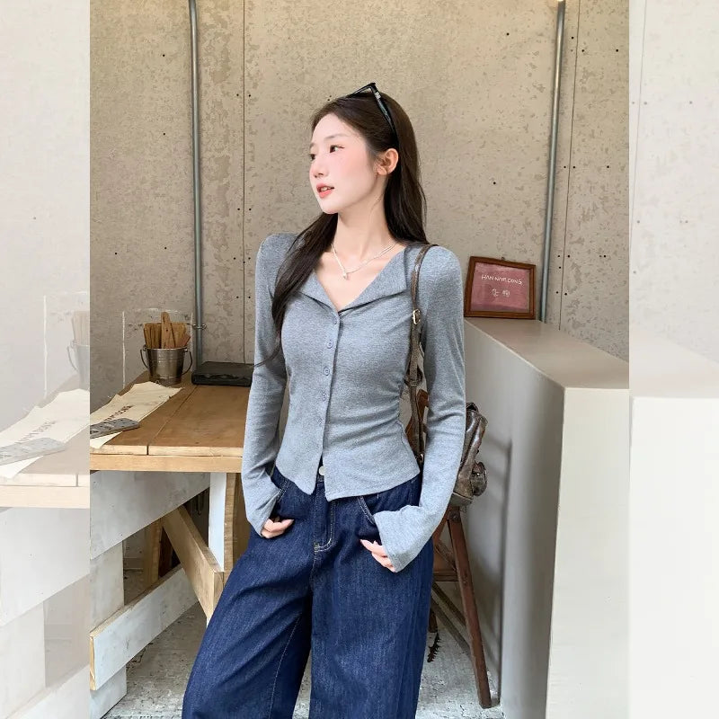 POLO Collar Long-sleeved T-shirt Button Cardigan for Women Korean Autumn Winter Wear Smocked Slim-fitting Bottoming Top