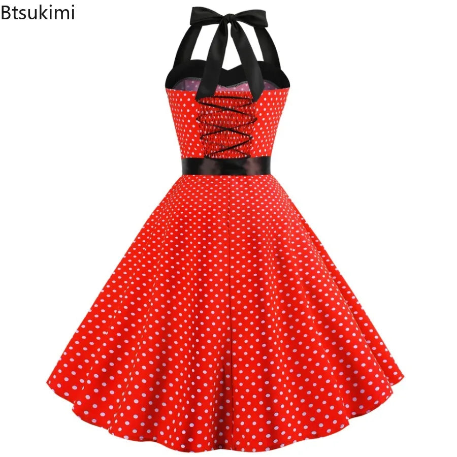 New Women's Polka Dot Print Summer Dress 50s 60s Pin Up Sexy Retro Hepburn Halter Dress Robe Femme Pin Up Rockabilly Party Dress