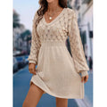Women Autumn Winter Sweater Dresses V-neck 3D Crochet Knitted Long Pullovers Sweaters Dress