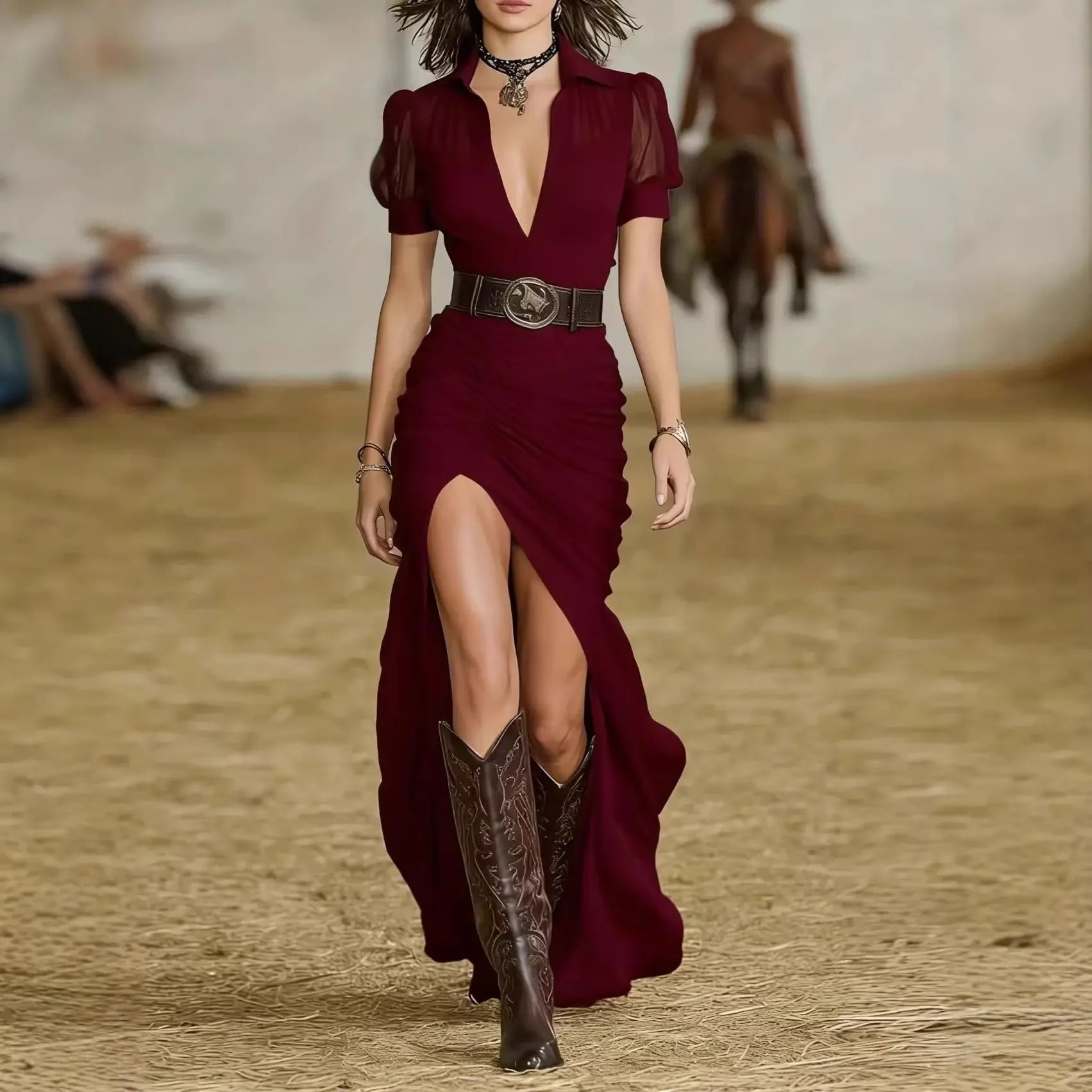 2026 Western Style Mesh Fashion Maxi Dress For Women Short Sleeve V Neck Puff Sleeve Ruched High Slit Sheer Party Evening Dress