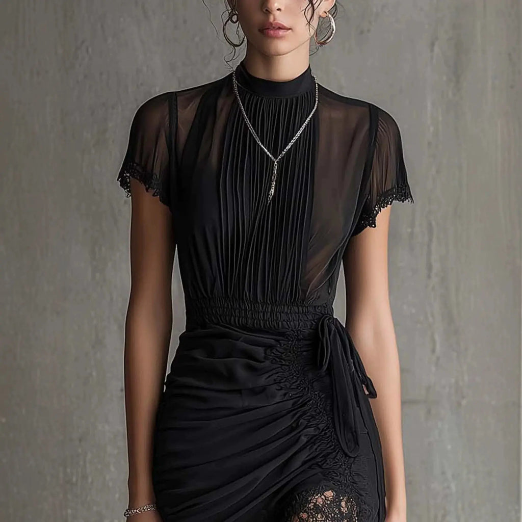 Women's Mini Dress Half High Collar Lace Trim Short Sleeve Drawstring Ruched Bodycon Dress Elegant Night Out Party Short Dress