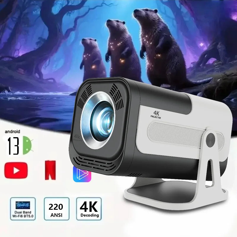 Mini Projector 720P Android 13 WiFi6 BT5.0 Portable Home Cinema 4K Support Auto Keystone Outdoor Movie Phone Laptop Compatible