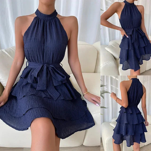 Women's Red Mini Dress Vestidos 2025 Summer Fashion Sexy Style Halter Sleeveless Ruffle Edge Tied Woman Dresses Women Sundress
