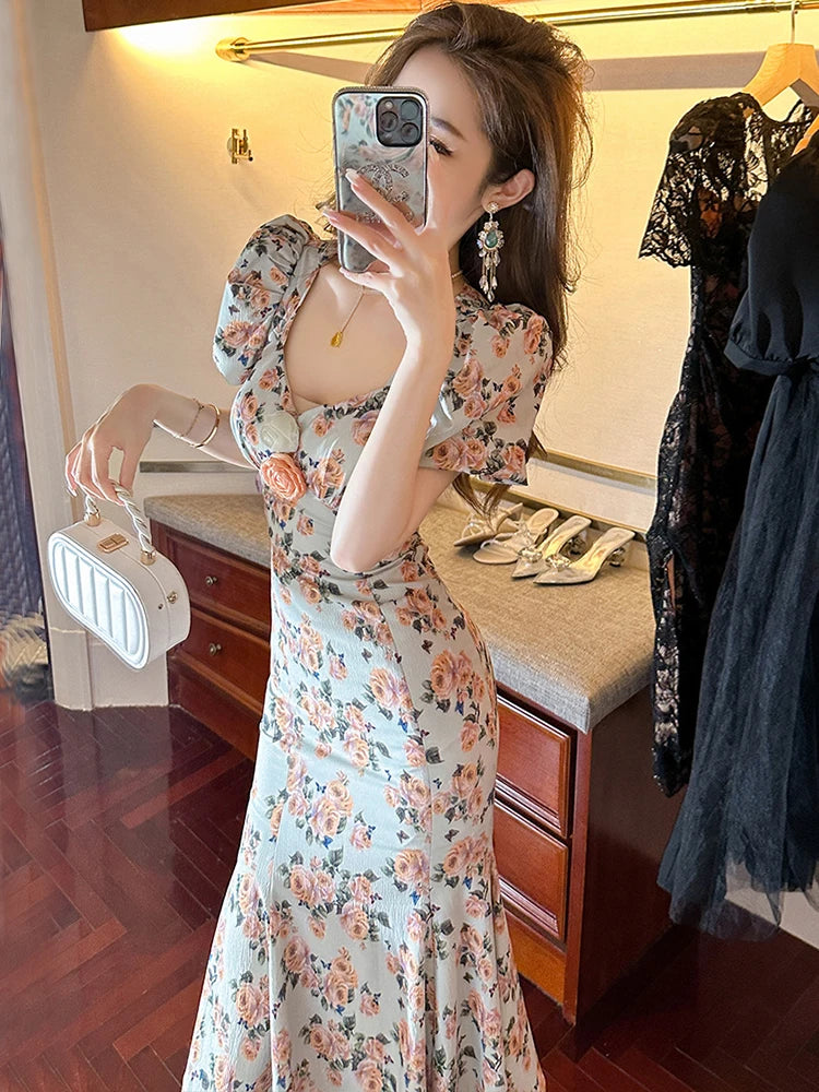 Retro French Style Long Dress for Women Sweet Rose Print Elastic Flowers Bubble Sleeve Fishtail Robe Femme Party Prom Vestidos