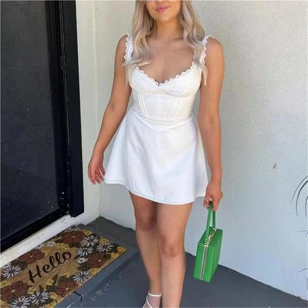 Mini dresses for women 2024 Summer white lace dress bodycon sexy knitted dresses elegant evening party dresses vintage clothes