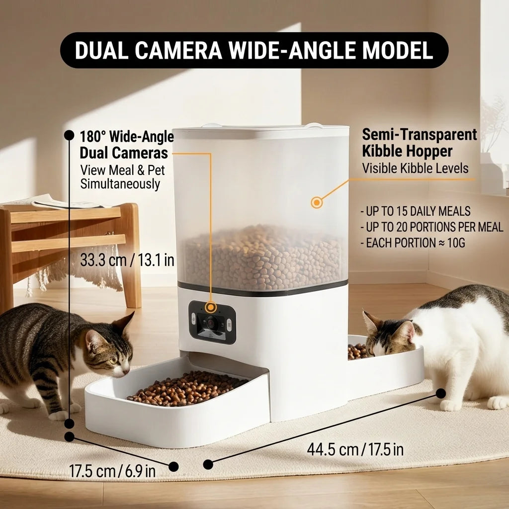6L Smart Pet Feeder with 180° Dual Camera, WiFi App Control, Dual Bowl Automatic Cat Dog Feeder Schedule Meals & Video Monitor