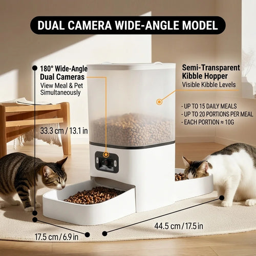 6L Smart Pet Feeder with 180° Dual Camera, WiFi App Control, Dual Bowl Automatic Cat Dog Feeder Schedule Meals & Video Monitor