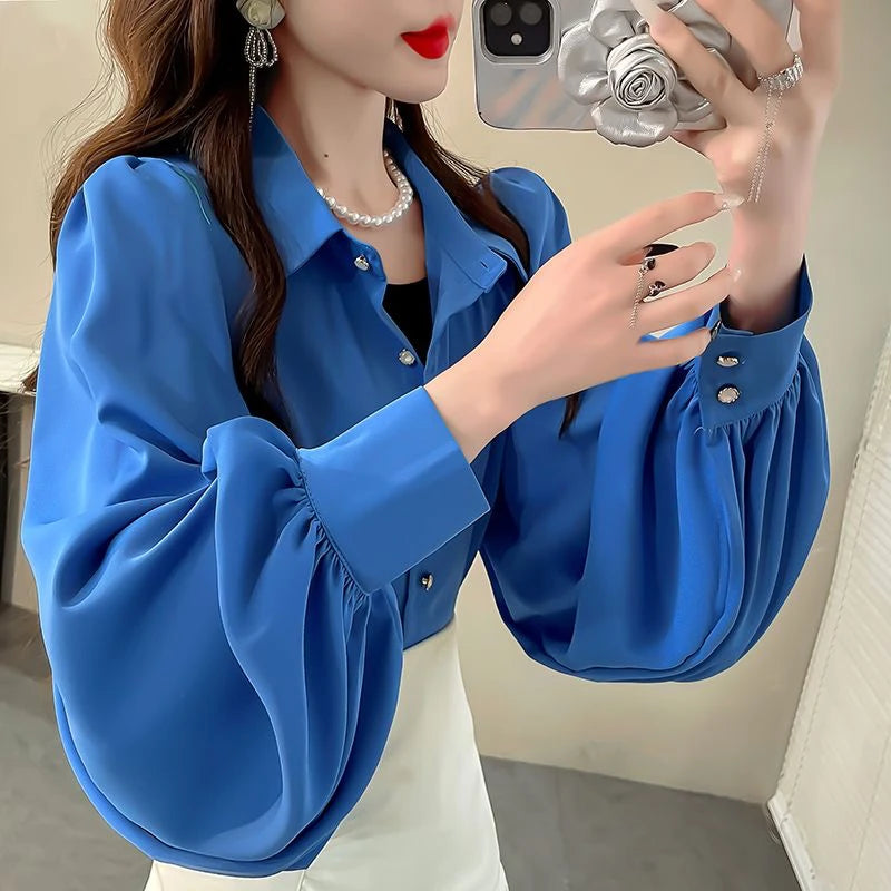 Retro Elegant Women's Long Sleeve Shirt Spring Autumn New Design  Fashionable Top  Collar Loose Fit UV Protection