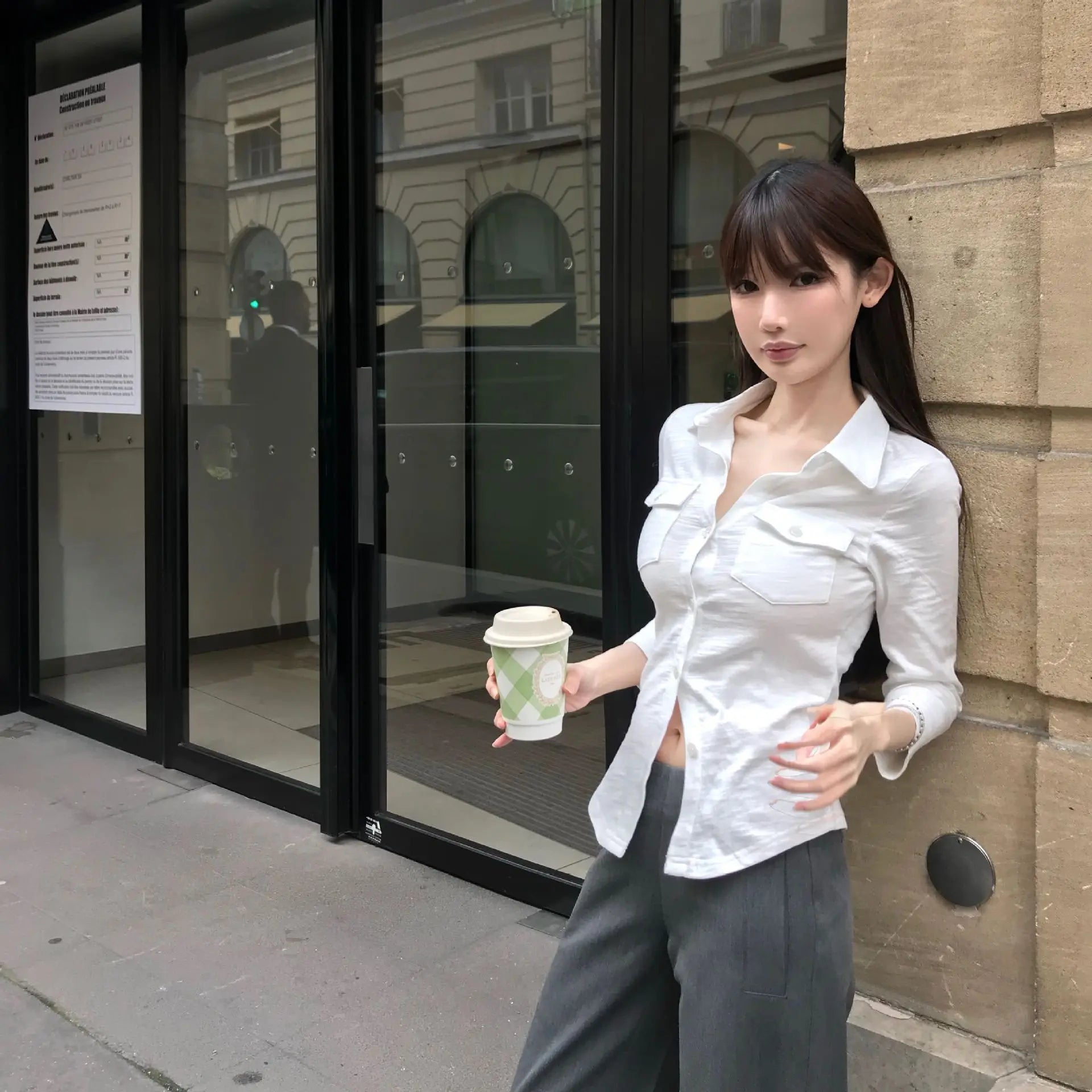 POLO Neck Long-sleeved Shirt for Women in Autumn New Waist-hugging Slim American Sweet and Spicy Top