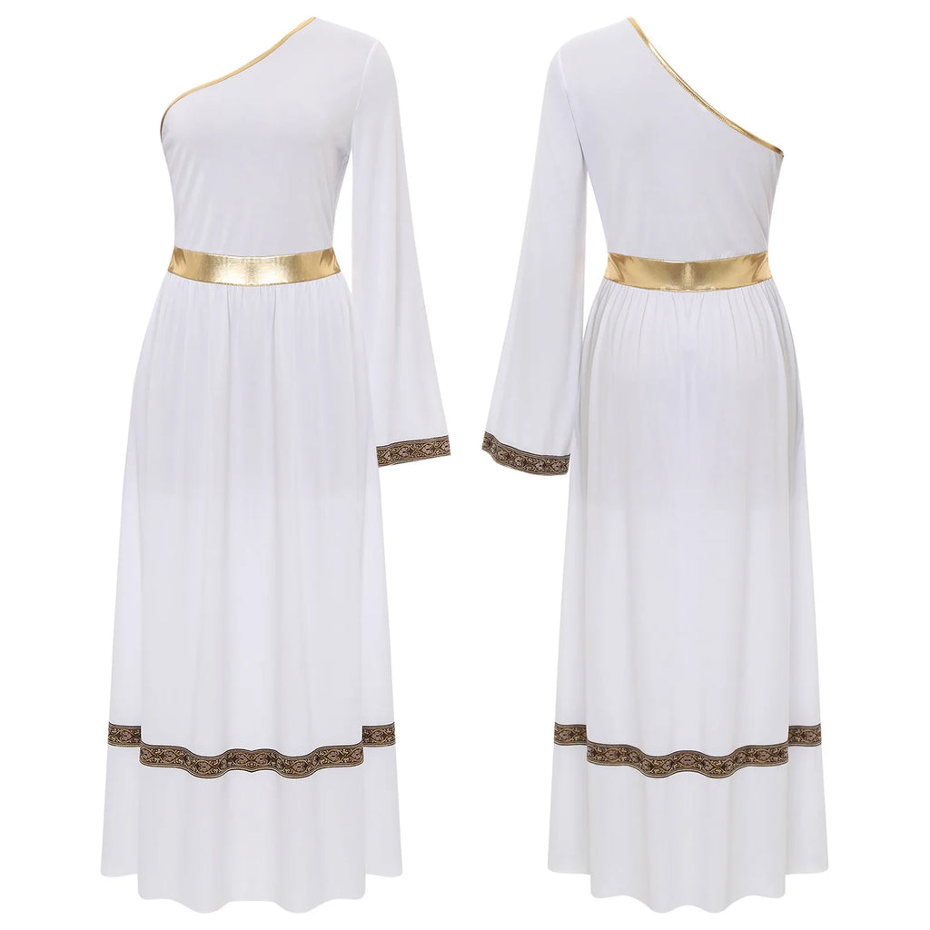 Women One Shoulder Ancient Greek Toga Robe Dress Halloween Party Roman Grecian Goddesses Princess Queen Nobility Cosplay Costume