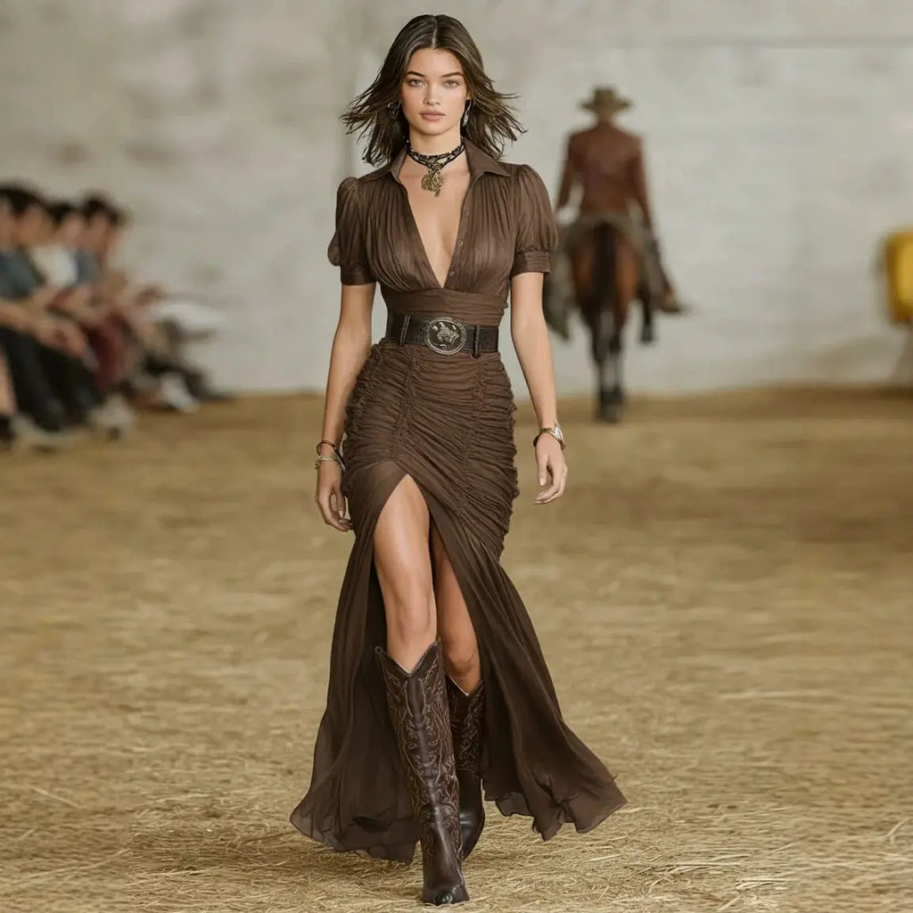 2026 Western Style Mesh Fashion Maxi Dress For Women Short Sleeve V Neck Puff Sleeve Ruched High Slit Sheer Party Evening Dress