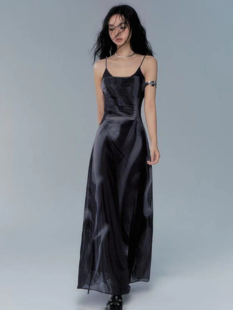 Maxi Dresses Womem Vintage Printing Trendy Summer Design Simple Folds Vestidos Elegant Sexy Ulzzang Ladies Streetwear Sleeveless