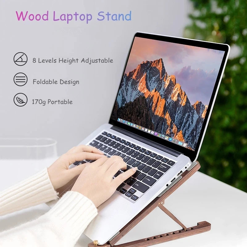 Portable Laptop Stand Wood Laptop Holder Riser Computer Tablet Stand 8 Angles Adjustable Foldable Desktop Cooling Base Holder
