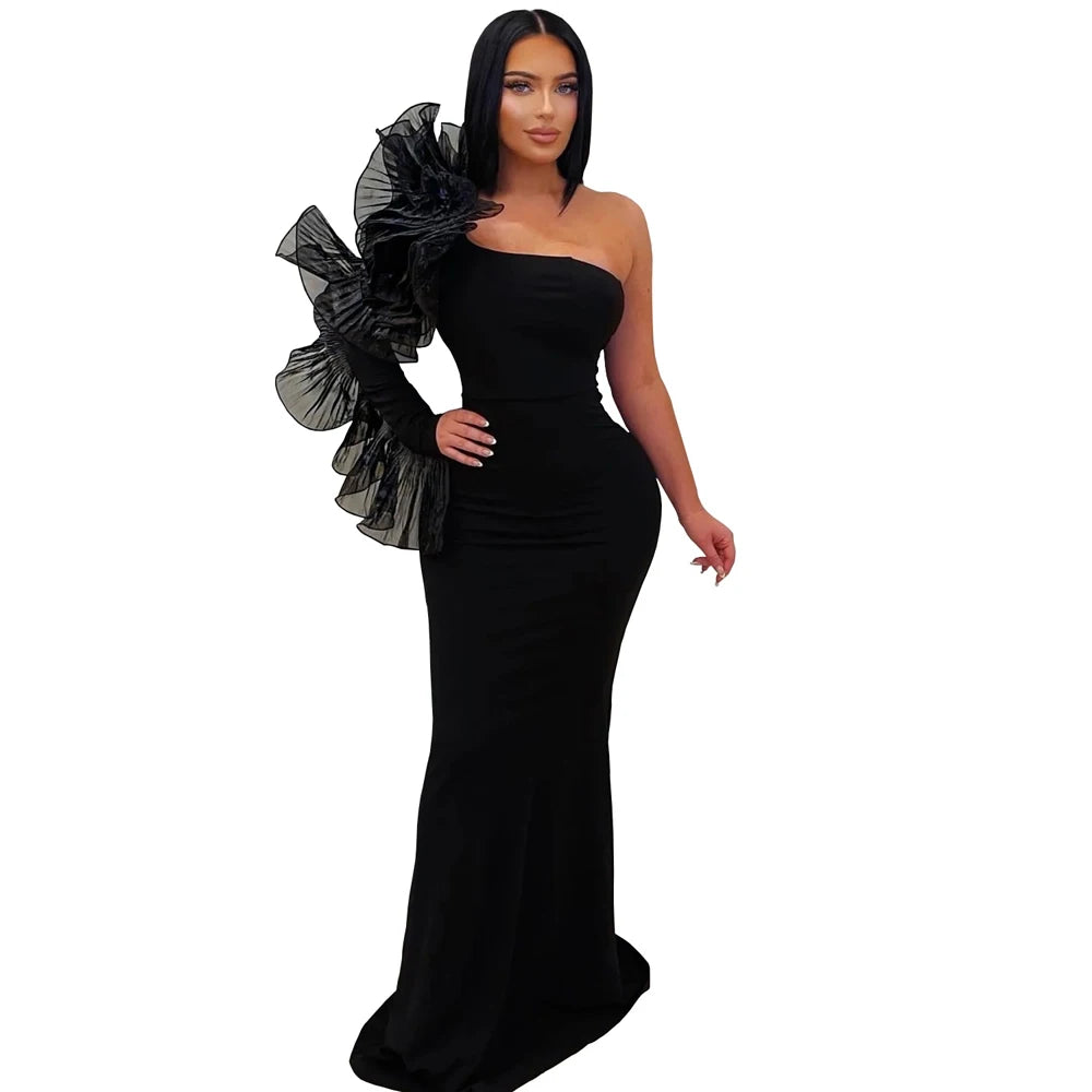 Elegant Women Long Gown Chic 3D Pleated Floral Sleeve Banquet Dress Slash One-Shoulder Asymmetry Slim Evening Dinner Dresses