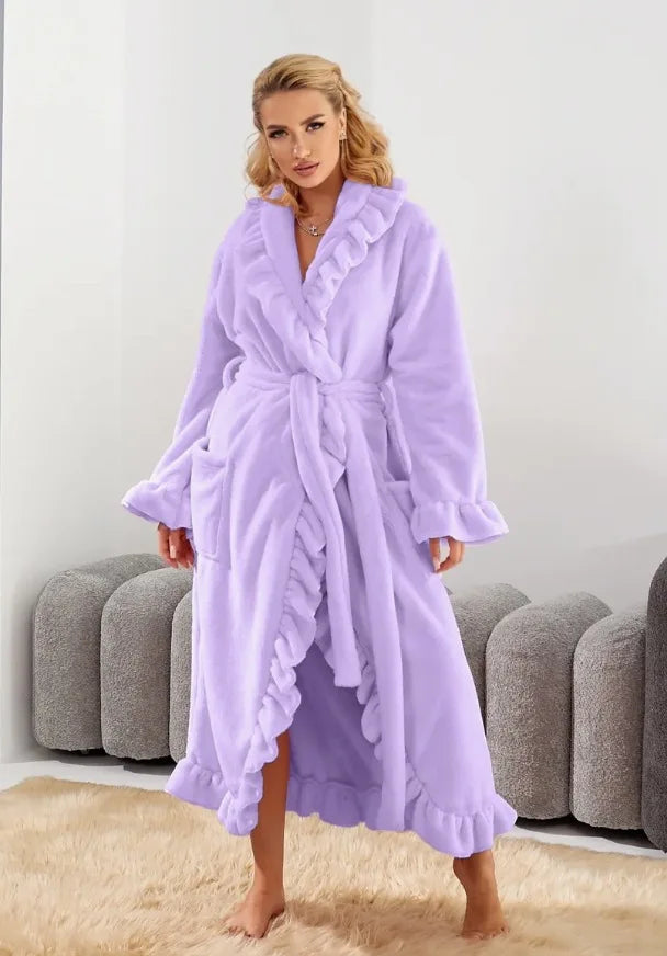 Women's Long Warm Robe Home Wear 2025 Autumn and Winter Coral Velvet Thickened Bathrobe Casual Soft Solid Lace Up Loungewear