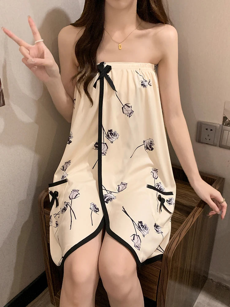 Black Rose Sexy Cotton Bathrobe Women's Chemise Nightgown Home Clothes with Headscarf Summer Thin Knitted Fabric Youth Size