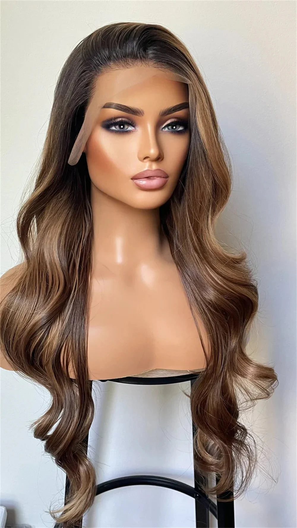 Fashion Lace Front Wig 13x4 Dark Brown Blonde Highlights Glueless Transparent Synthetic Wig for Women 2026 Style Long Loose Wavy