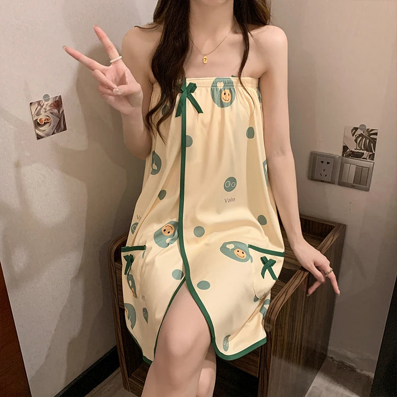 Black Rose Sexy Cotton Bathrobe Women's Chemise Nightgown Home Clothes with Headscarf Summer Thin Knitted Fabric Youth Size