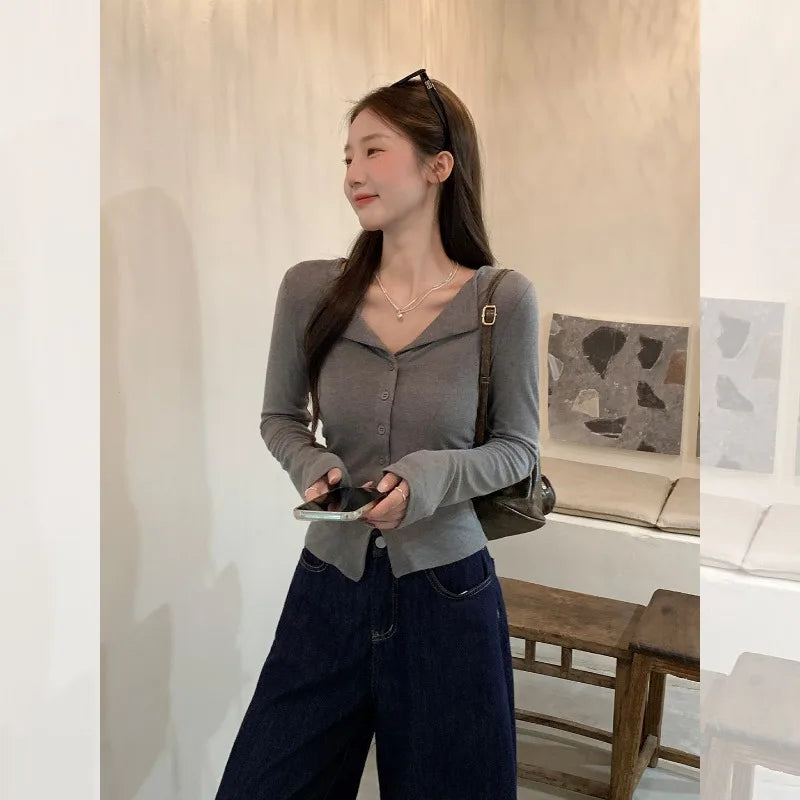 POLO Collar Long-sleeved T-shirt Button Cardigan for Women Korean Autumn Winter Wear Smocked Slim-fitting Bottoming Top