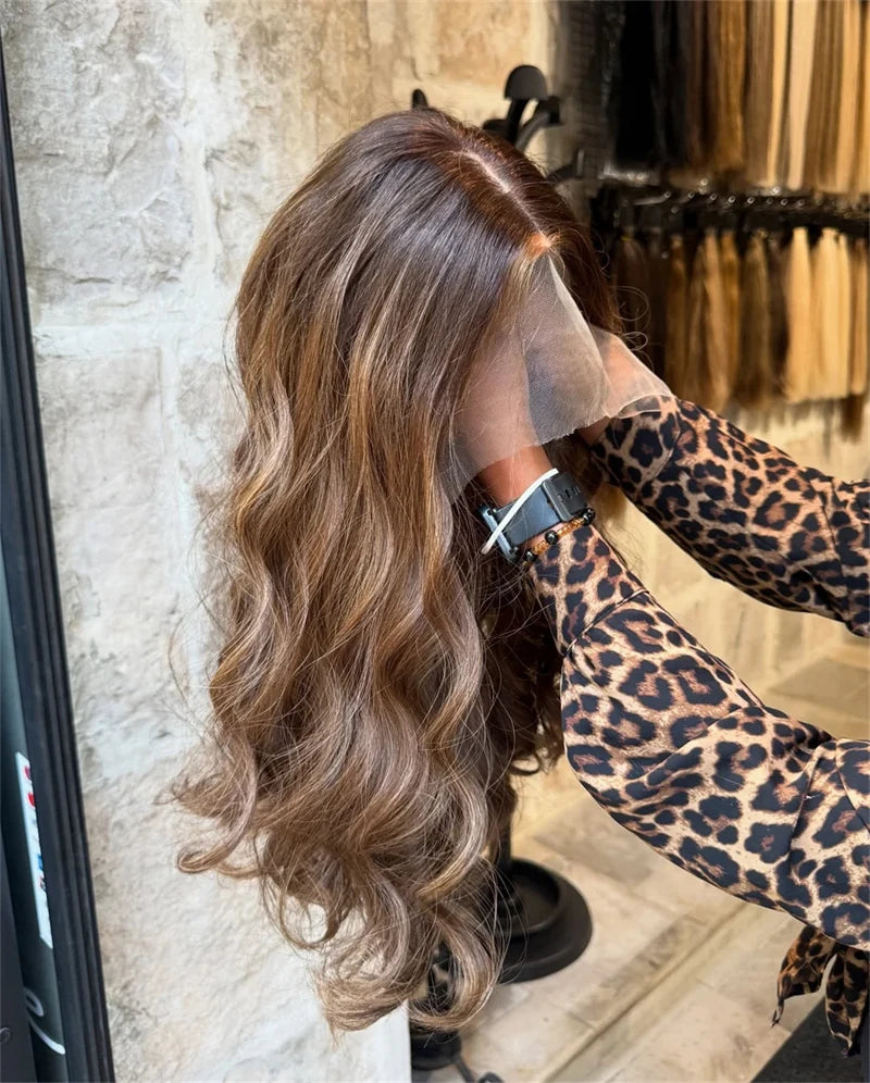 Luxury Women Glueless Lace Wig Natural Loose Wave Synthetic Wig Futura Soft Fibre Wigs Ash Brown with Blonde Highlights Wig Sale