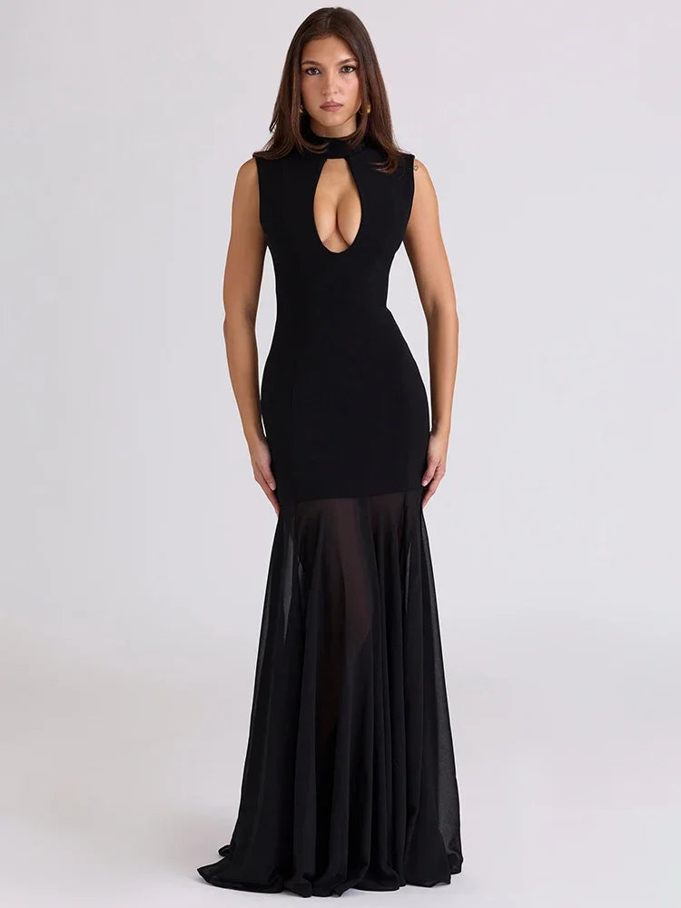 Hollow Out Sleeveless Sexy Maxi Dress Women Gown Elegant Half High Collar High Waist Bodycon Club Party Long Dresses
