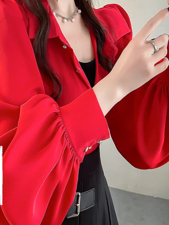 Retro Elegant Women's Long Sleeve Shirt Spring Autumn New Design  Fashionable Top  Collar Loose Fit UV Protection