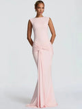 Backless Draped Ruched Sexy Maxi Dress Women Gown Elegant O Neck Sleeveless High Waist Skinny Club Party Long Dresses