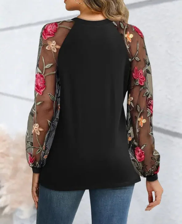 Elegant Floral Blouse] Long Sleeve Elegant Floral Print Chiffon Blouse with Lace Detail | Perfect for Spring/Summer | Floral Pri