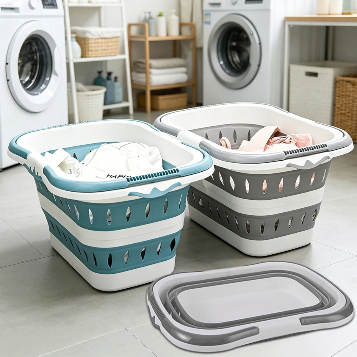 Foldable Collapsible Handled Laundry Basket Ellipse Oval Tub- Portable Washing Tub Space Saving Laundry Containers