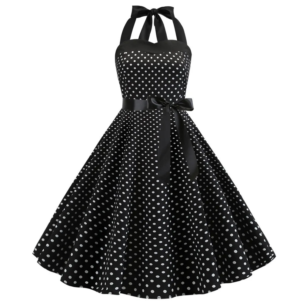 New Women's Polka Dot Print Summer Dress 50s 60s Pin Up Sexy Retro Hepburn Halter Dress Robe Femme Pin Up Rockabilly Party Dress