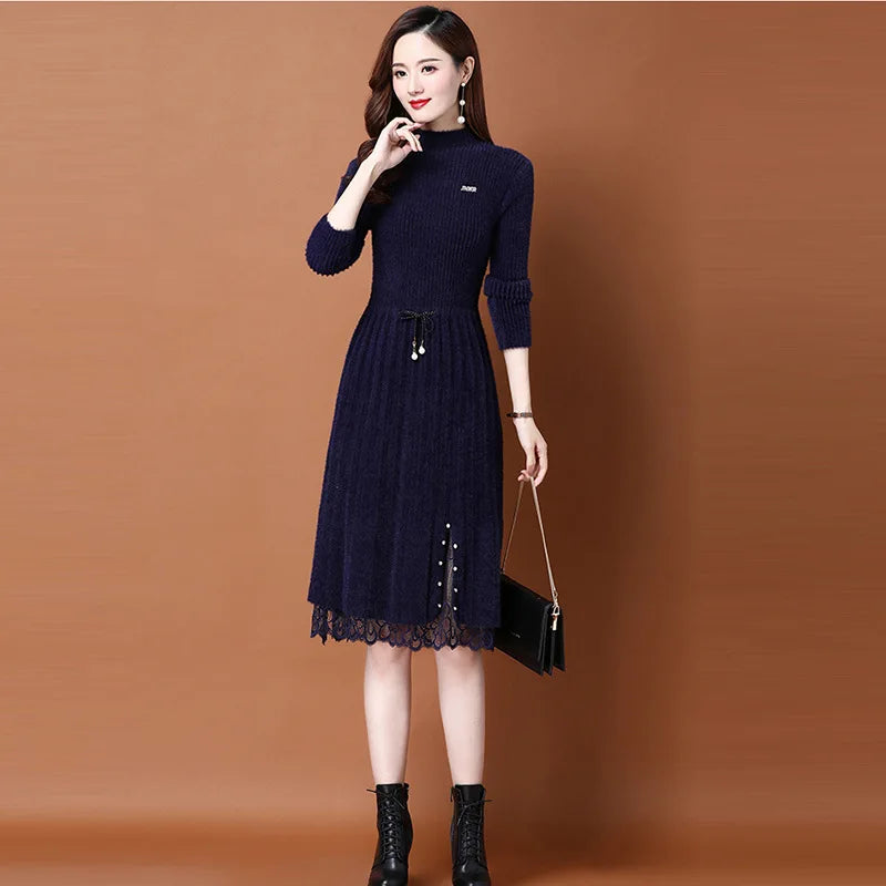 Knitted Dress Women's New Autumn Winter Style Temperament Knitted Over-the-knee Sweater Dress with Coat Trend