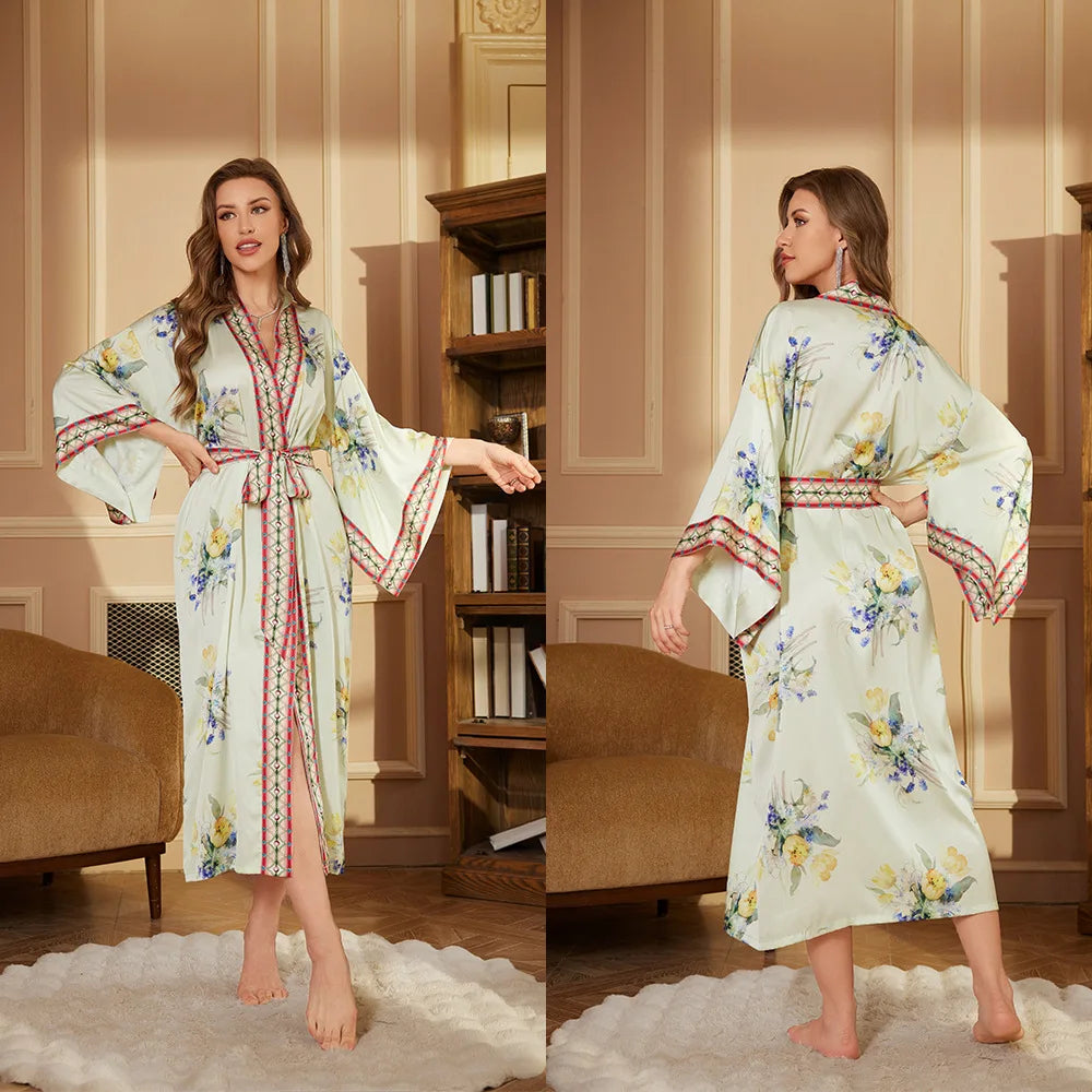 New Pajamas Comfortable Single Robe Long-Sleeved Robe Bathrobe Women's High-Grade Satin Ice Silk Nightgown