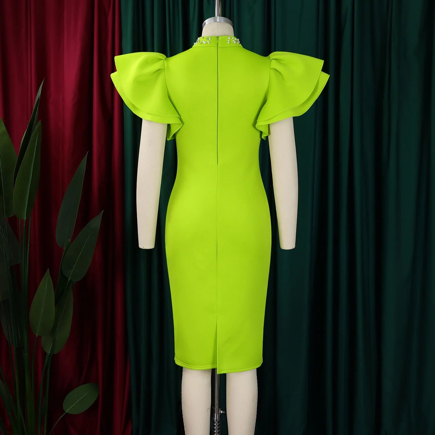 Elegant Bodycon Dresses for Women O Neck Ruffles Sleeve Beaded Solid Sheath Package Hips Mid Calf Luxury Birthday Party Dress
