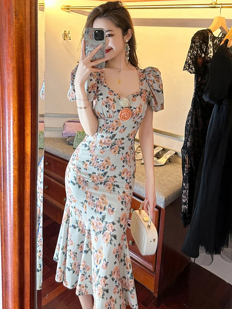 Retro French Style Long Dress for Women Sweet Rose Print Elastic Flowers Bubble Sleeve Fishtail Robe Femme Party Prom Vestidos