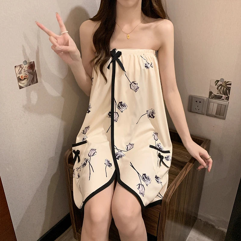 Black Rose Sexy Cotton Bathrobe Women's Chemise Nightgown Home Clothes with Headscarf Summer Thin Knitted Fabric Youth Size