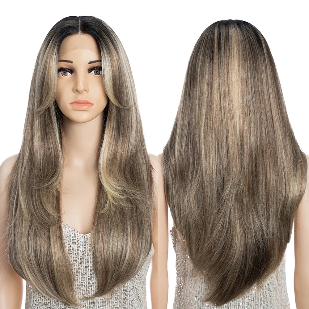 Synthetic Lace Front Wig 26" Straight layered Ombre lace Wig Cosplay part Wig Blonde Wigs For Women Lace Wig synthetic Lace Wig