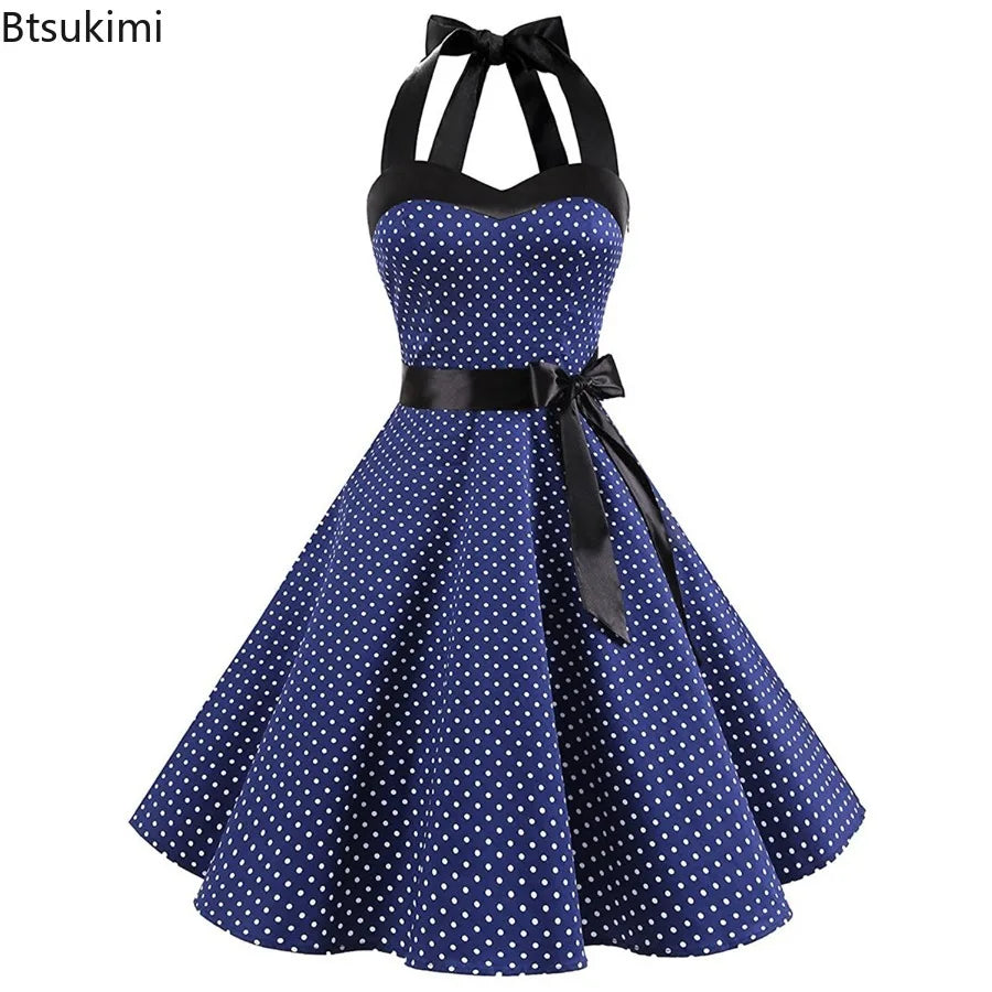 New Women's Polka Dot Print Summer Dress 50s 60s Pin Up Sexy Retro Hepburn Halter Dress Robe Femme Pin Up Rockabilly Party Dress