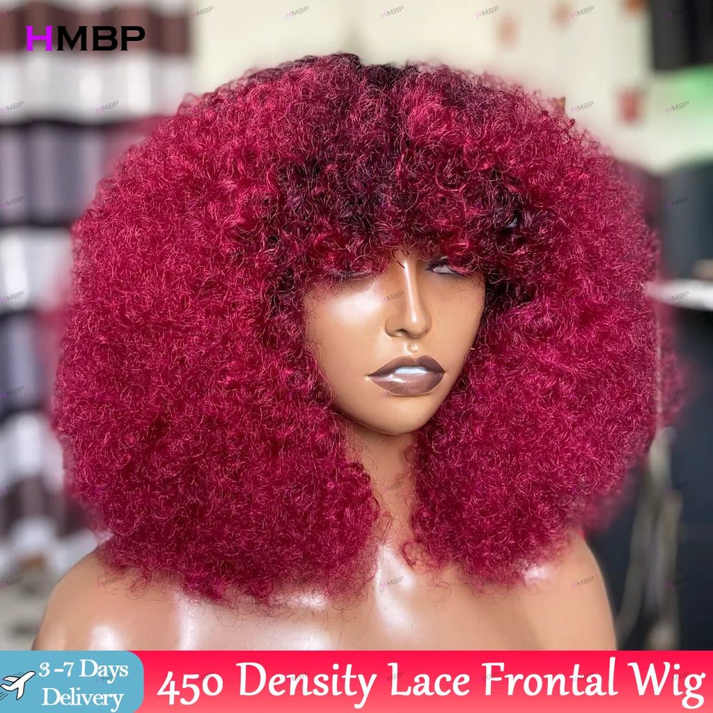 Glueless Lace Frontal Wigs Human Hair Ready To Go 99J Color Kinky Curly 450 Density 13x6/360 HD Lace Frontal Wig For Women HMBP