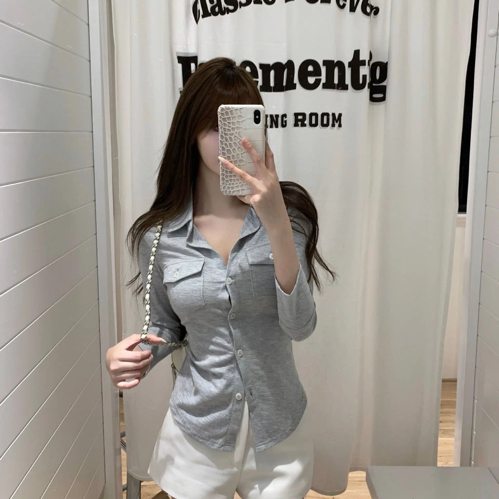 POLO Neck Long-sleeved Shirt for Women in Autumn New Waist-hugging Slim American Sweet and Spicy Top